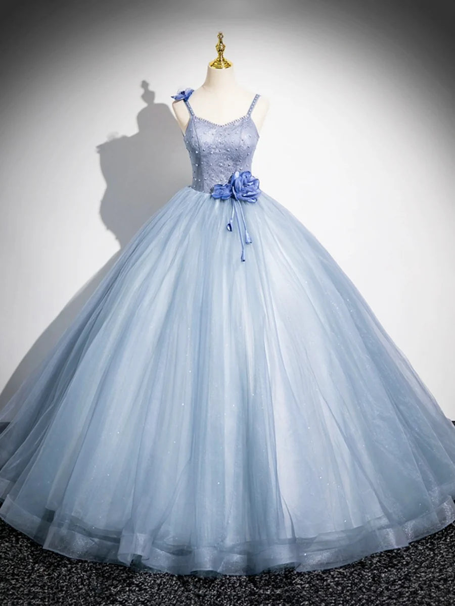 A-Line Blue Tulle Lace With Beaded 3D Flowers Floor Length Prom Dress Spaghetti Strap Evening Party Dress