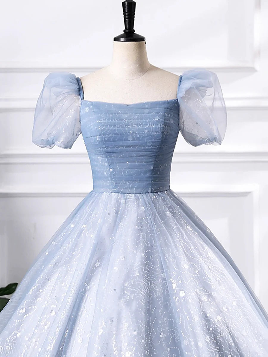 A-Line Blue Tulle Sequins Short Sleeve Floor Length Prom Dress Evening Party Dress