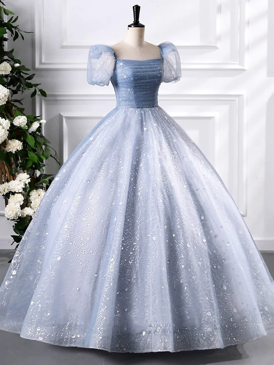 A-Line Blue Tulle Sequins Short Sleeve Floor Length Prom Dress Evening Party Dress