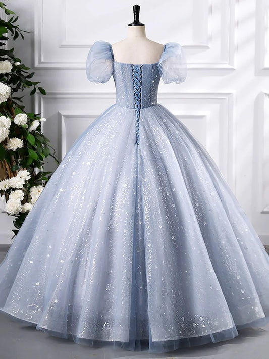A-Line Blue Tulle Sequins Short Sleeve Floor Length Prom Dress Evening Party Dress