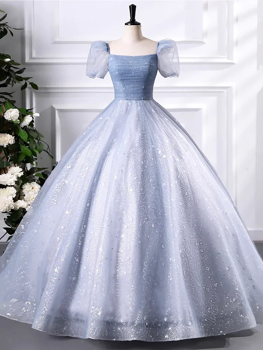 A-Line Blue Tulle Sequins Short Sleeve Floor Length Prom Dress Evening Party Dress