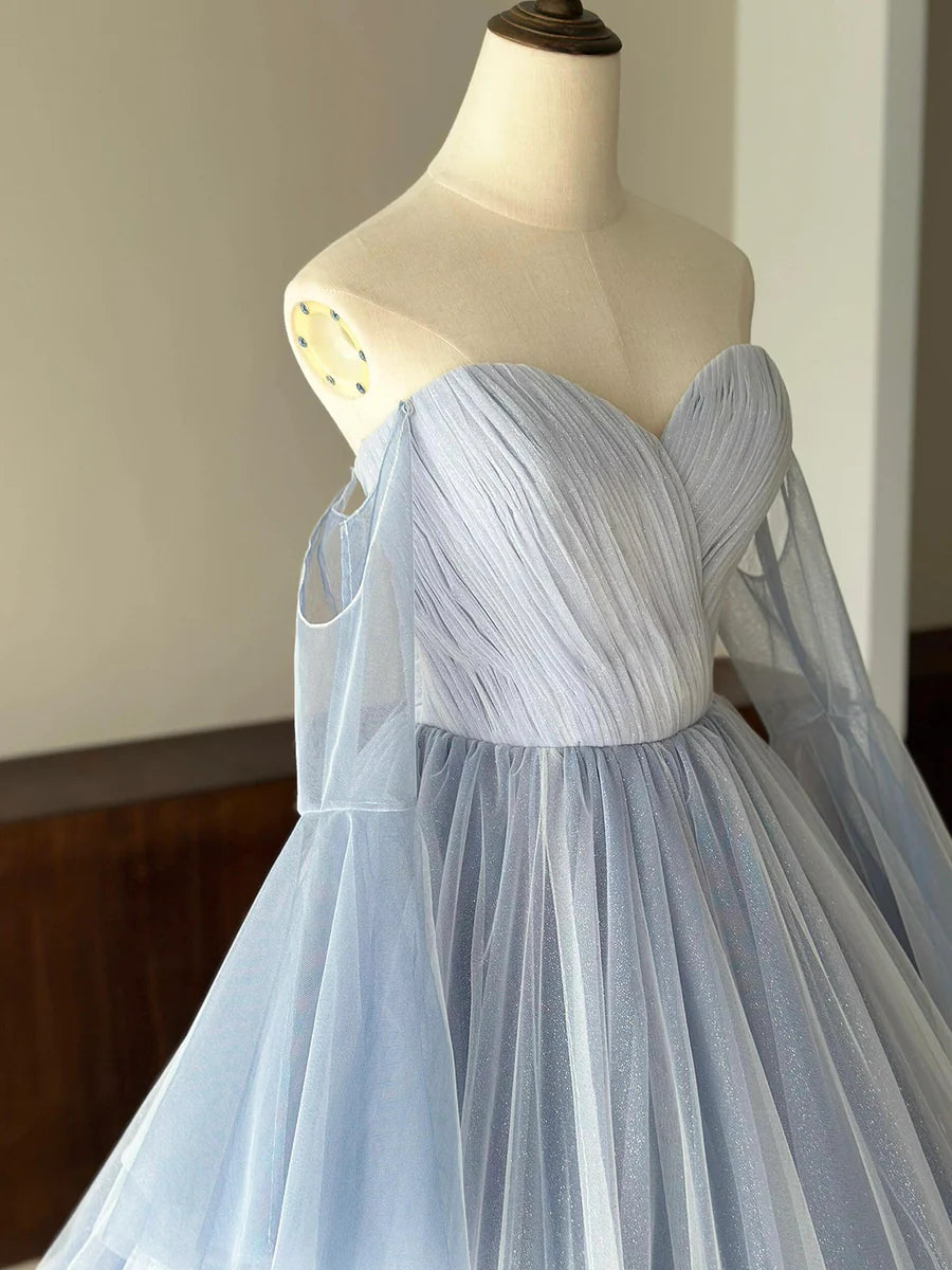 A-Line Blue Tulle Strapless Pleated Floor Length Prom Dress Pretty Sweetheart Neck Party Dress