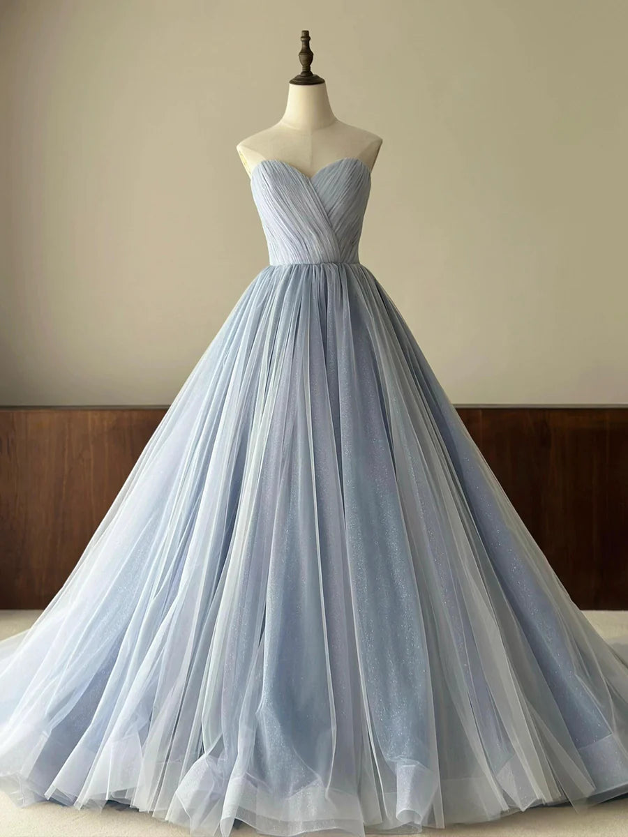 A-Line Blue Tulle Strapless Pleated Floor Length Prom Dress Pretty Sweetheart Neck Party Dress