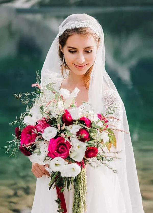 A-Line  Bohemian Chiffon Floral Lace V-Neck Short Sleeve Backless Romantic Dreamy Bridal Gowns