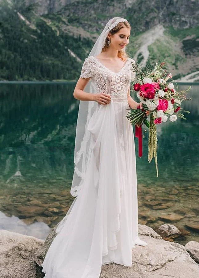 A-Line  Bohemian Chiffon Floral Lace V-Neck Short Sleeve Backless Romantic Dreamy Bridal Gowns