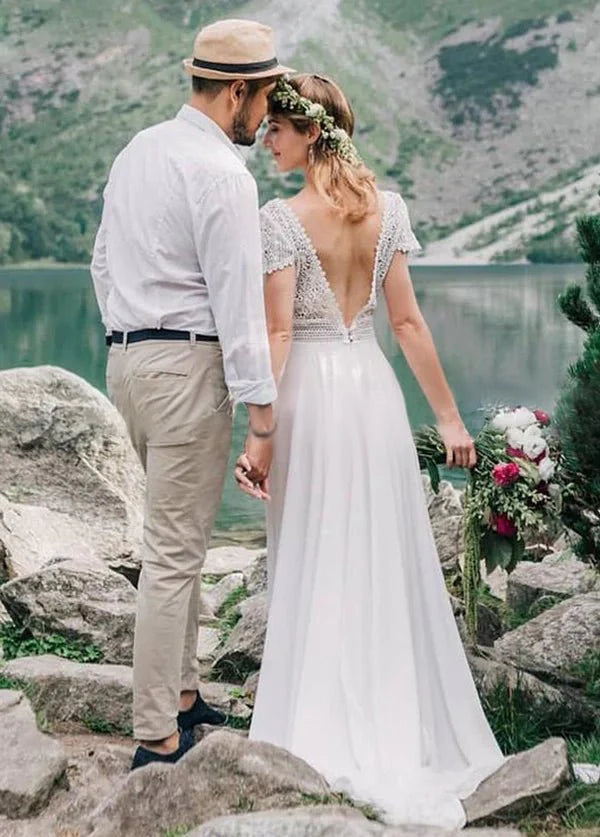 A-Line  Bohemian Chiffon Floral Lace V-Neck Short Sleeve Backless Romantic Dreamy Bridal Gowns