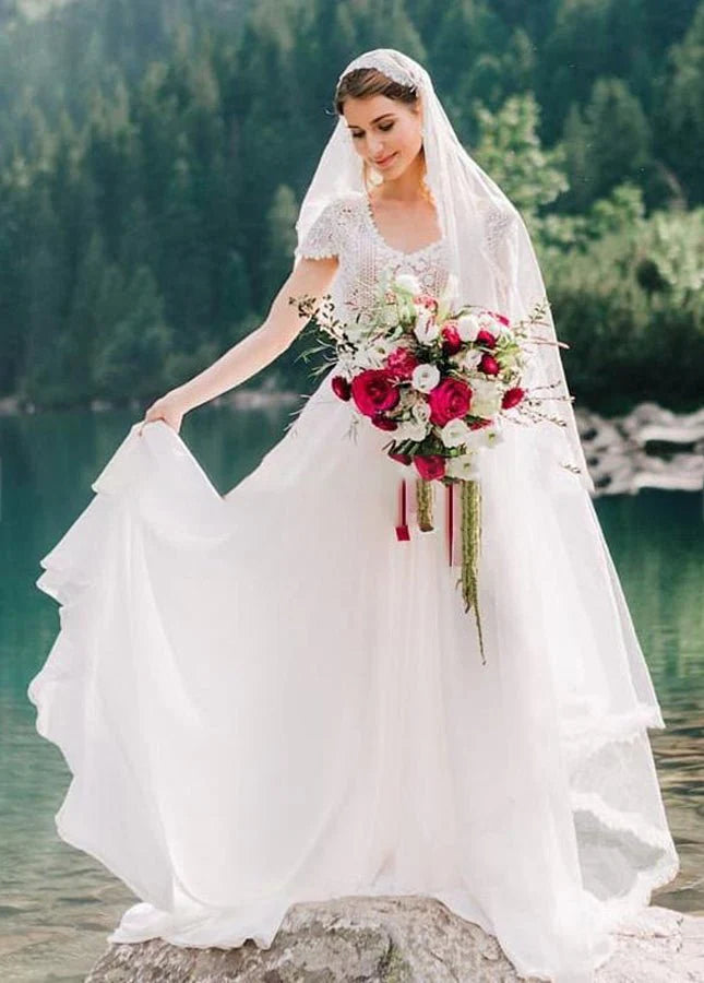 A-Line  Bohemian Chiffon Floral Lace V-Neck Short Sleeve Backless Romantic Dreamy Bridal Gowns