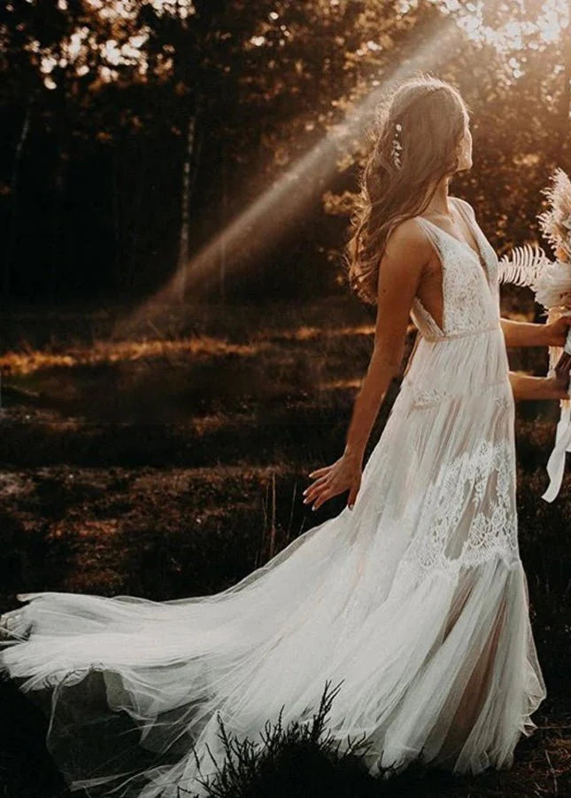A-Line  Bohemian Floral Lace Wedding Dresses V-Neck Backless Romantic Dreamy Bridal Gowns