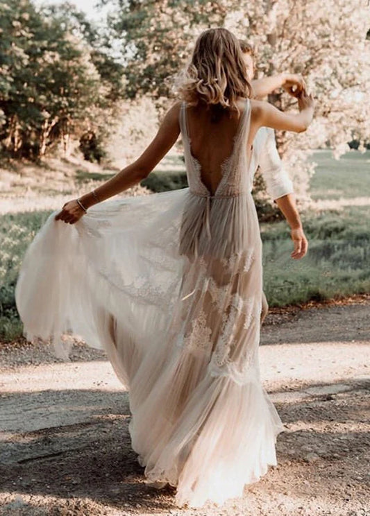 A-Line  Bohemian Floral Lace Wedding Dresses V-Neck Backless Romantic Dreamy Bridal Gowns