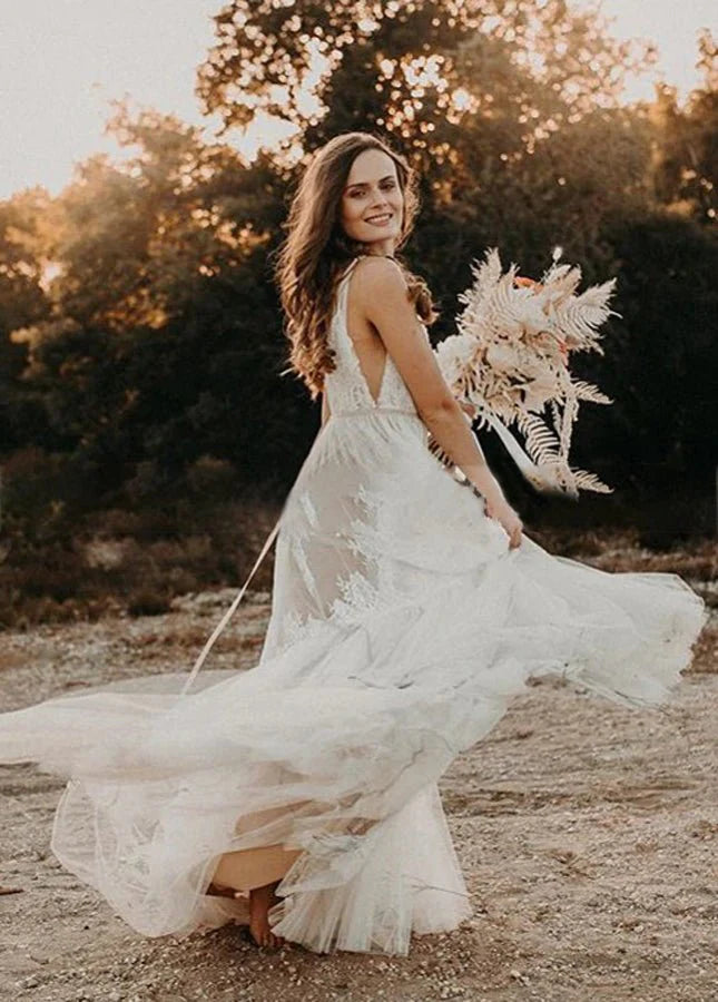 A-Line  Bohemian Floral Lace Wedding Dresses V-Neck Backless Romantic Dreamy Bridal Gowns
