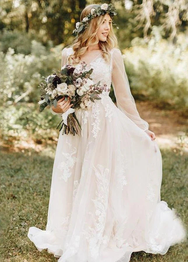 A-Line Bohemian Tulle V Neck Back Long Sleeve Long Wedding Dresses With Chapel Train