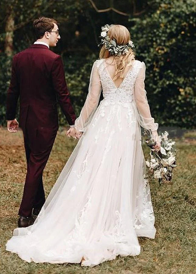 A-Line Bohemian Tulle V Neck Back Long Sleeve Long Wedding Dresses With Chapel Train