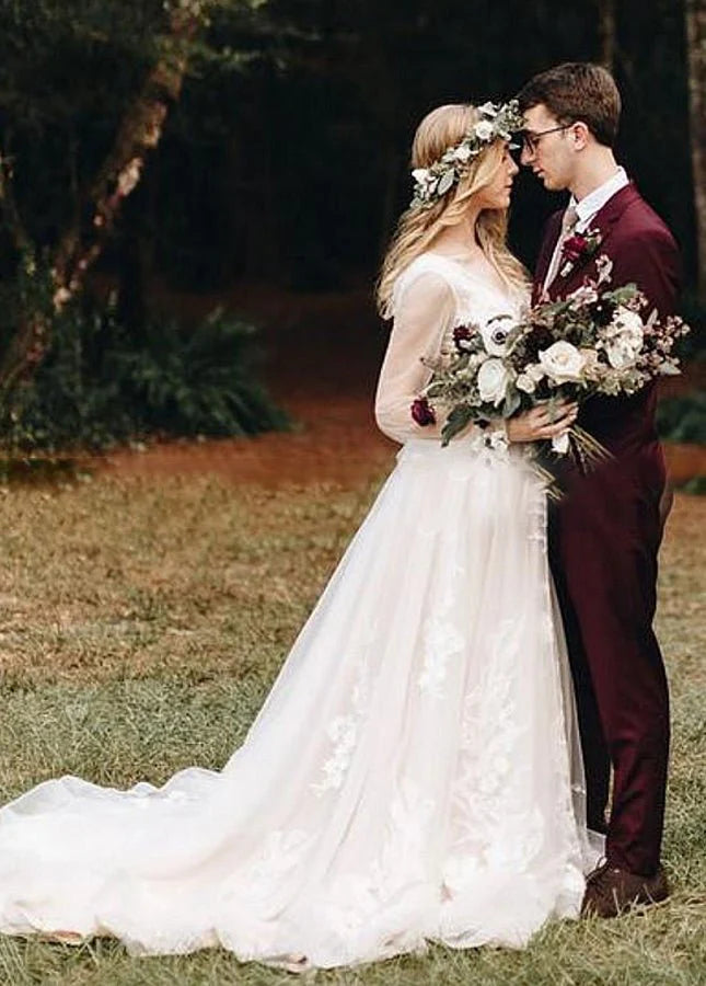 A-Line Bohemian Tulle V Neck Back Long Sleeve Long Wedding Dresses With Chapel Train