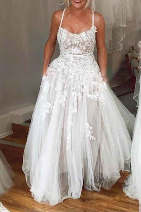 A-Line Boho Tulle Lace Spaghetti Straps Appliques Floor Length Wedding Dresses A Line Princess No Veils