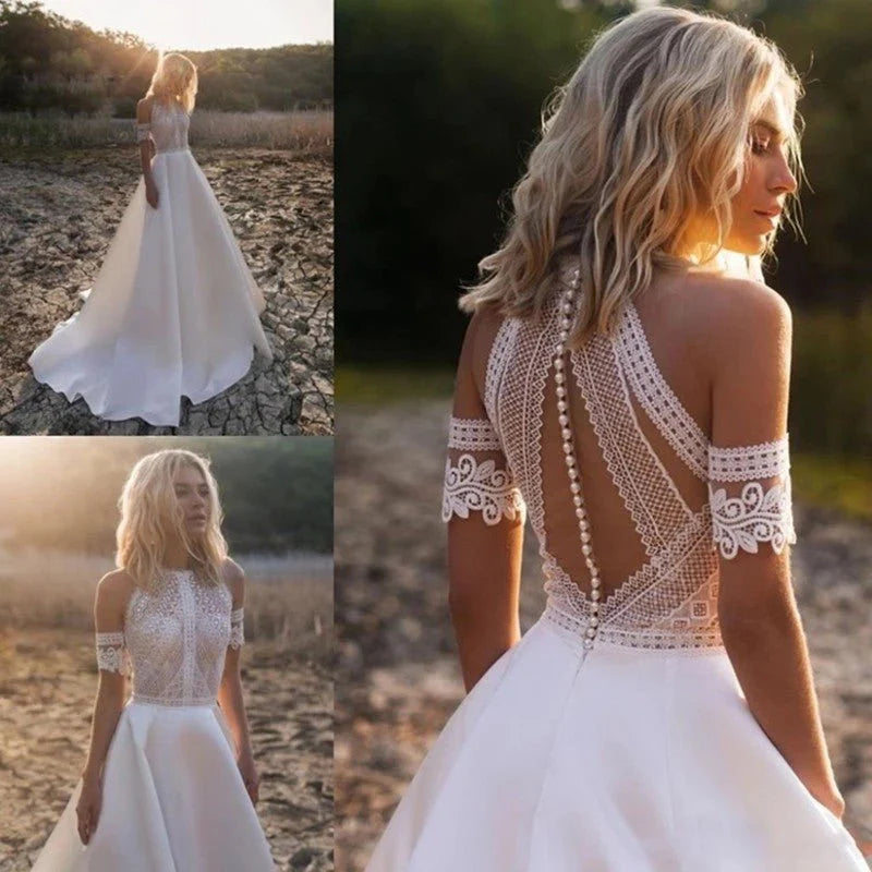 A-Line Boho White Lace Appliques Halter Neck Sleeveless Off the Shoulder Long Wedding Dresses