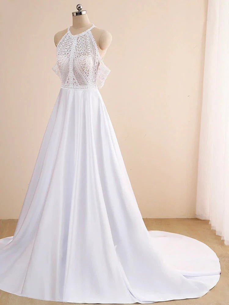 A-Line Boho White Lace Appliques Halter Neck Sleeveless Off the Shoulder Long Wedding Dresses