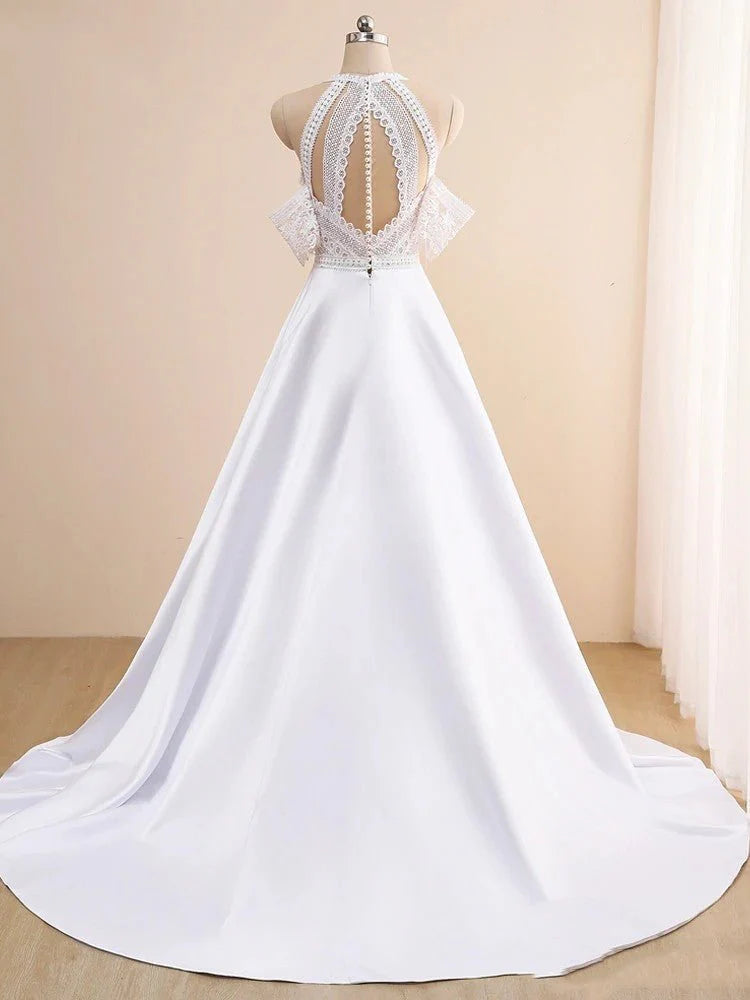 A-Line Boho White Lace Appliques Halter Neck Sleeveless Off the Shoulder Long Wedding Dresses