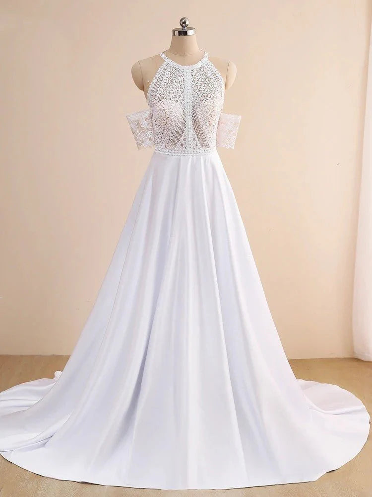 A-Line Boho White Lace Appliques Halter Neck Sleeveless Off the Shoulder Long Wedding Dresses