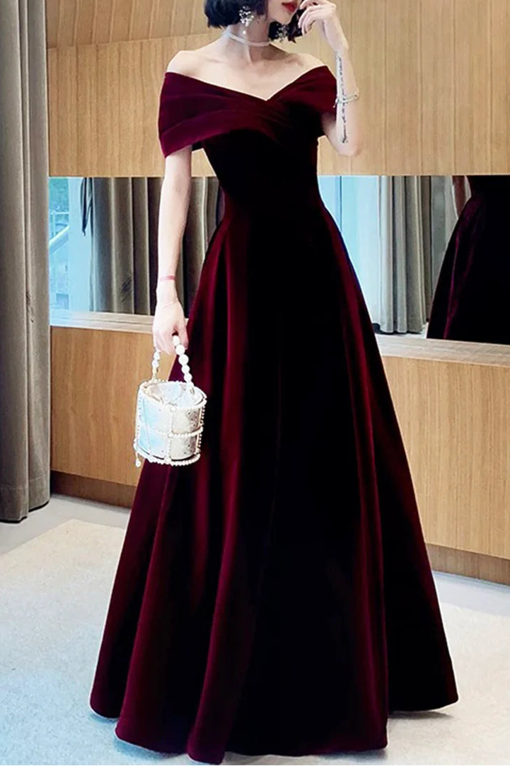 A-Line Budget Burgundy Velvet Floor Length Prom Dress V-Neck Off Shoulder Evening Party Dress