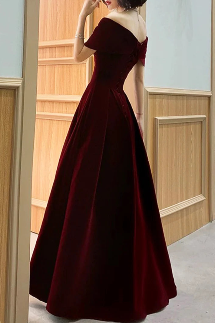 A-Line Budget Burgundy Velvet Floor Length Prom Dress V-Neck Off Shoulder Evening Party Dress