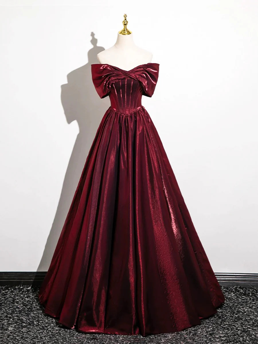 A-Line Burgundy Satin BodyCon Floor Length Prom Dress Off the Shoulder Evening Party Dress