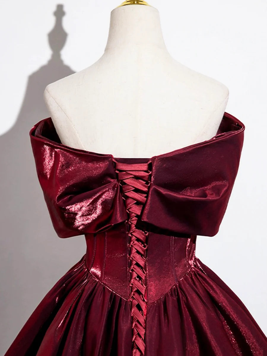 A-Line Burgundy Satin BodyCon Floor Length Prom Dress Off the Shoulder Evening Party Dress