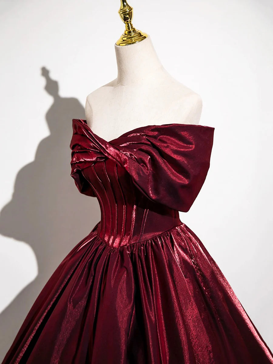 A-Line Burgundy Satin BodyCon Floor Length Prom Dress Off the Shoulder Evening Party Dress