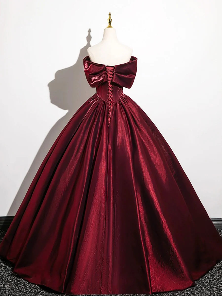 A-Line Burgundy Satin BodyCon Floor Length Prom Dress Off the Shoulder Evening Party Dress