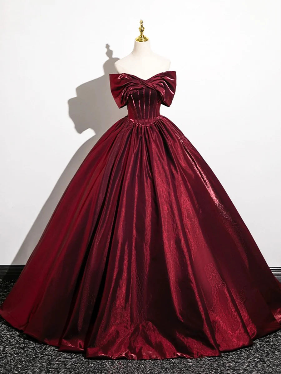 A-Line Burgundy Satin BodyCon Floor Length Prom Dress Off the Shoulder Evening Party Dress