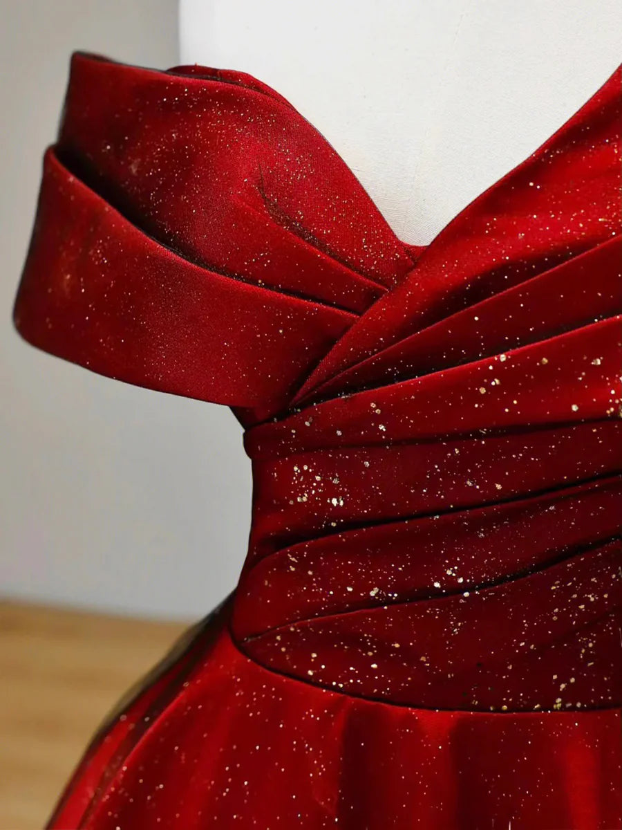 A-Line Burgundy Satin and Black Tulle Sequins Pleated Long Prom Dress Off the Shoulder Party Dress