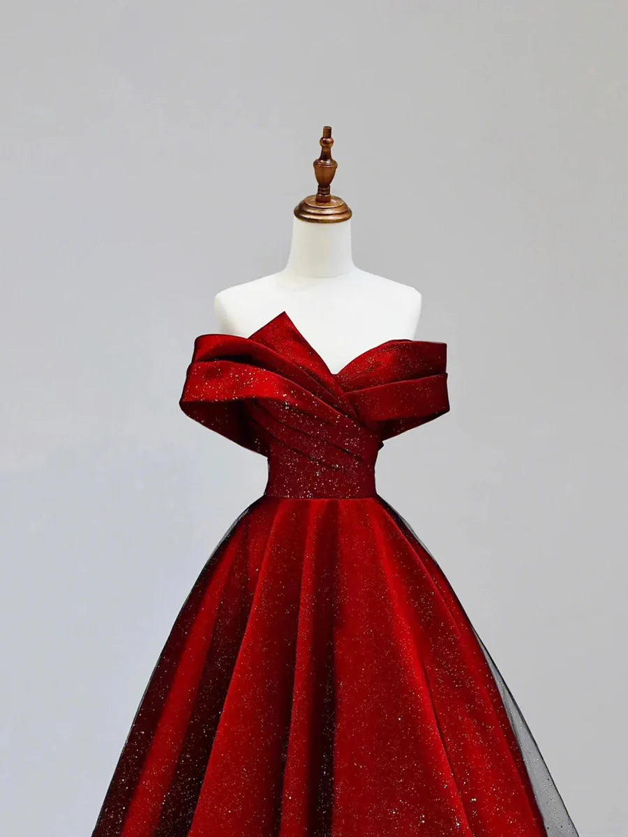 A-Line Burgundy Satin and Black Tulle Sequins Pleated Long Prom Dress Off the Shoulder Party Dress
