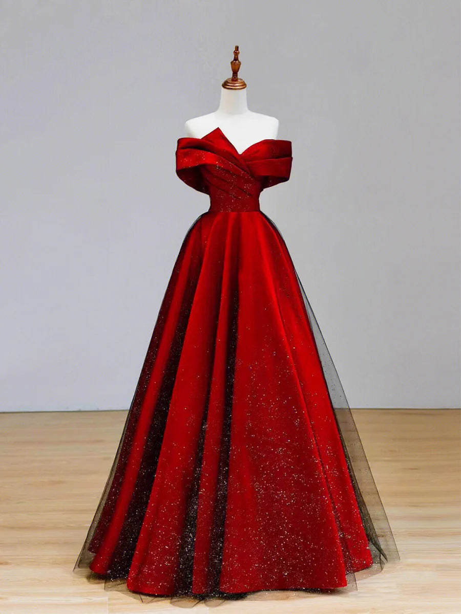 A-Line Burgundy Satin and Black Tulle Sequins Pleated Long Prom Dress Off the Shoulder Party Dress