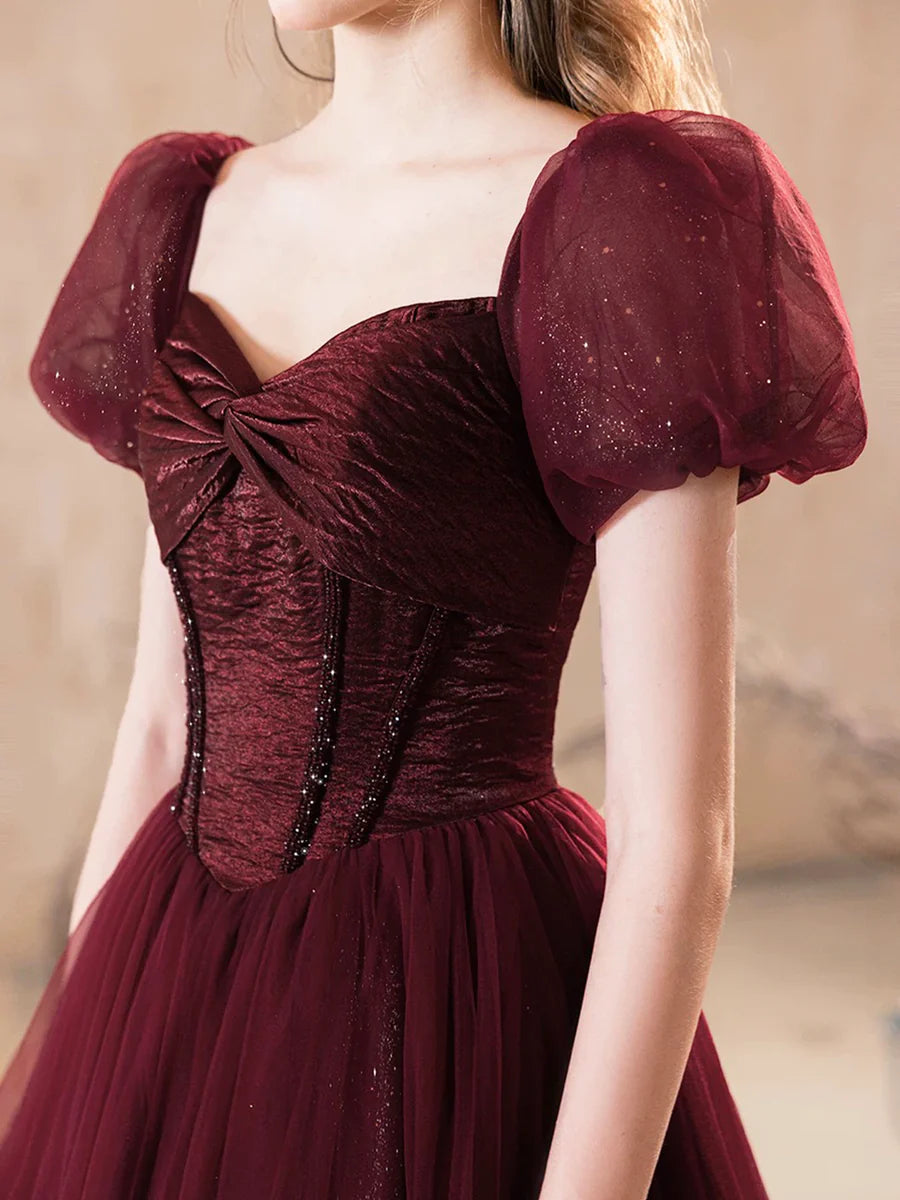 A-Line Burgundy Shiny Tulle BodyCon Floor Length Prom Dress Pretty Short Sleeve Party Dress
