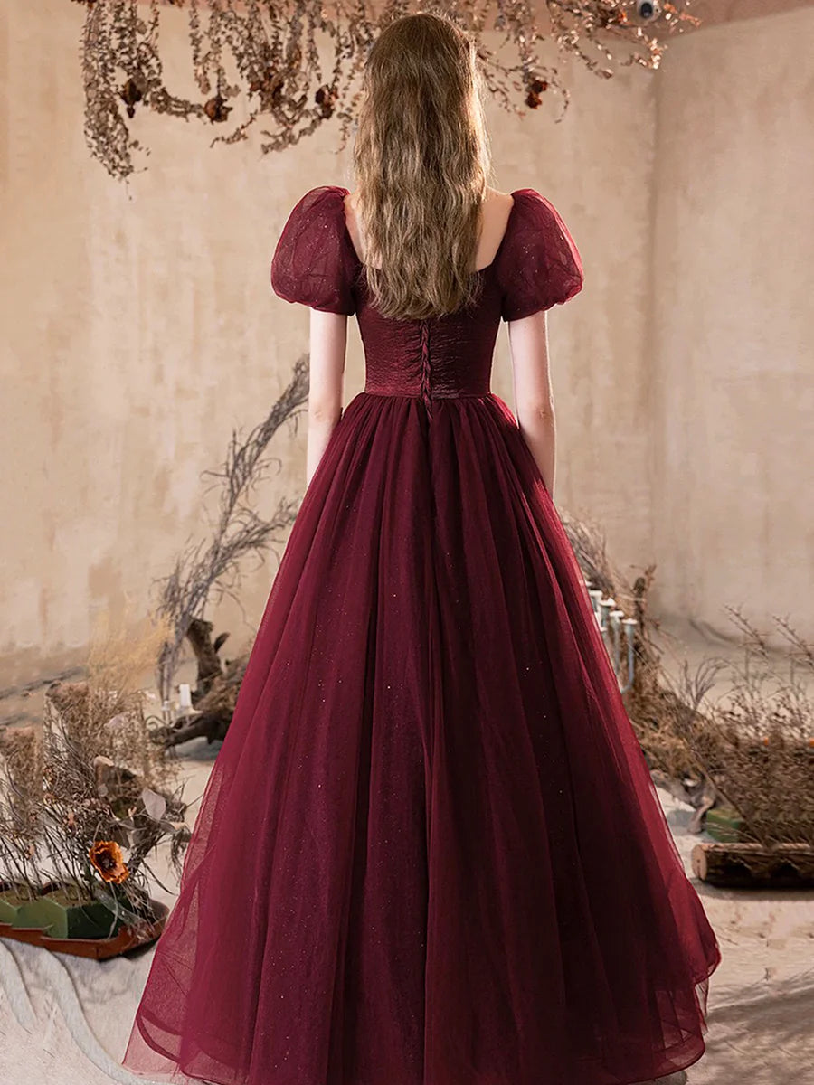 A-Line Burgundy Shiny Tulle BodyCon Floor Length Prom Dress Pretty Short Sleeve Party Dress