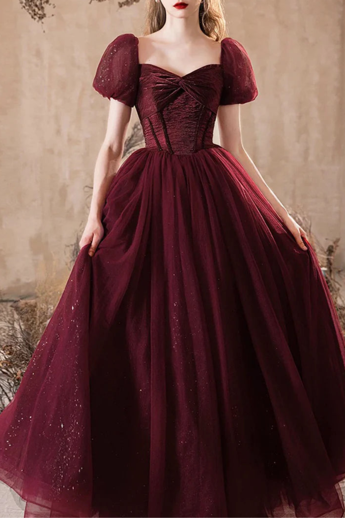 A-Line Burgundy Shiny Tulle BodyCon Floor Length Prom Dress Pretty Short Sleeve Party Dress