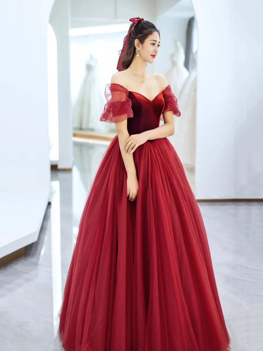 A-Line Burgundy Velvet And Tulle Floor Length Prom Dress Beautiful V Neck Off the Shoulder Evening Party Dress