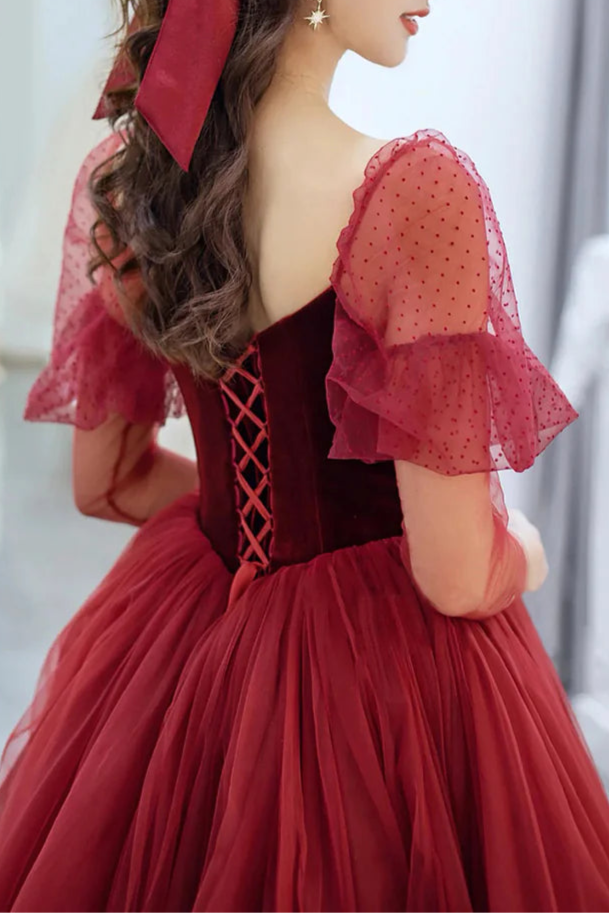 A-Line Burgundy Velvet And Tulle Floor Length Prom Dress Beautiful V Neck Off the Shoulder Evening Party Dress