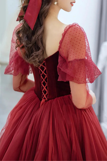 A-Line Burgundy Velvet And Tulle Floor Length Prom Dress Beautiful V Neck Off the Shoulder Evening Party Dress