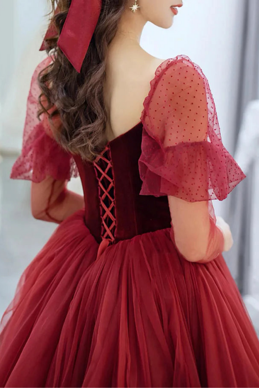 A-Line Burgundy Velvet And Tulle Floor Length Prom Dress Beautiful V Neck Off the Shoulder Evening Party Dress