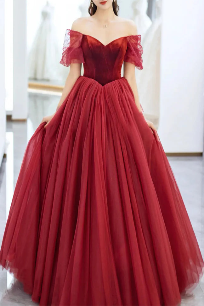 A-Line Burgundy Velvet And Tulle Floor Length Prom Dress Beautiful V Neck Off the Shoulder Evening Party Dress