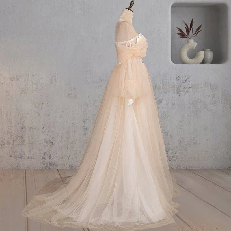 A-Line Champagne Tulle Off-the-Shoulder Long Sleeve Corset Wedding Dress With Sweep Train