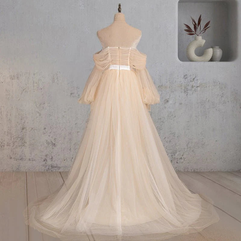 A-Line Champagne Tulle Off-the-Shoulder Long Sleeve Corset Wedding Dress With Sweep Train