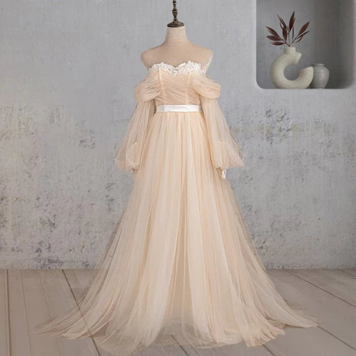 A-Line Champagne Tulle Off-the-Shoulder Long Sleeve Corset Wedding Dress With Sweep Train