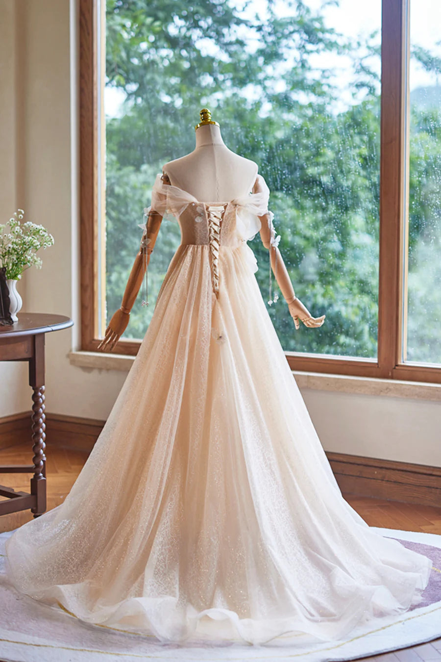 A-Line Champagne Tulle With Beaded Pleated Floor Length Prom Dress Sleeveless Backless Party Dress