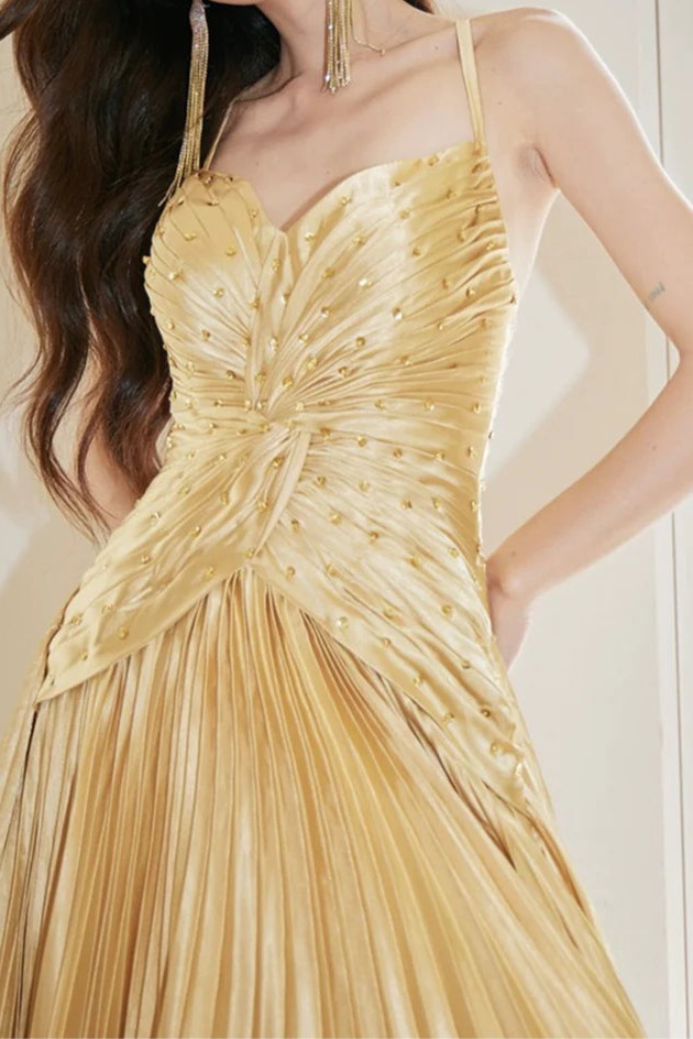 A-Line Chic Gold Satin Beaded Spaghetti Straps Pleated Long Prom Dress Gold V-Neck Backless Evening Party Dress