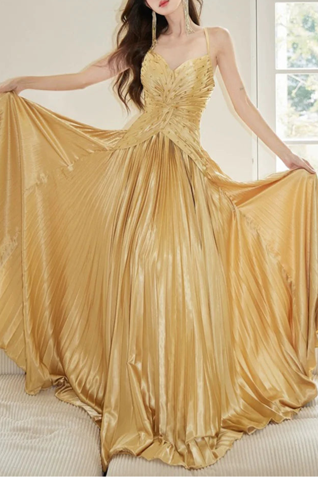 A-Line Chic Gold Satin Beaded Spaghetti Straps Pleated Long Prom Dress Gold V-Neck Backless Evening Party Dress