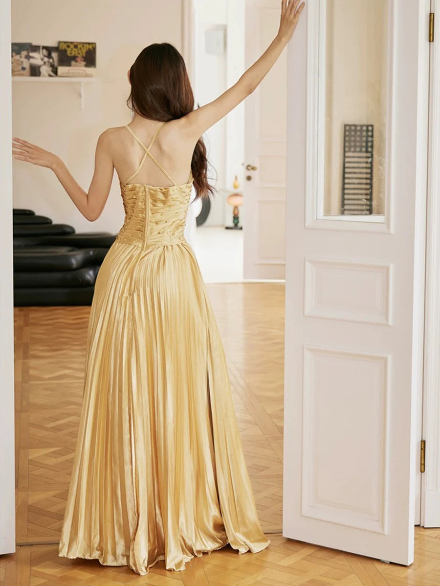 A-Line Chic Gold Satin Beaded Spaghetti Straps Pleated Long Prom Dress Gold V-Neck Backless Evening Party Dress