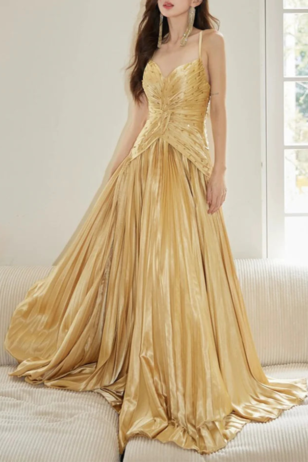 A-Line Chic Gold Satin Beaded Spaghetti Straps Pleated Long Prom Dress Gold V-Neck Backless Evening Party Dress