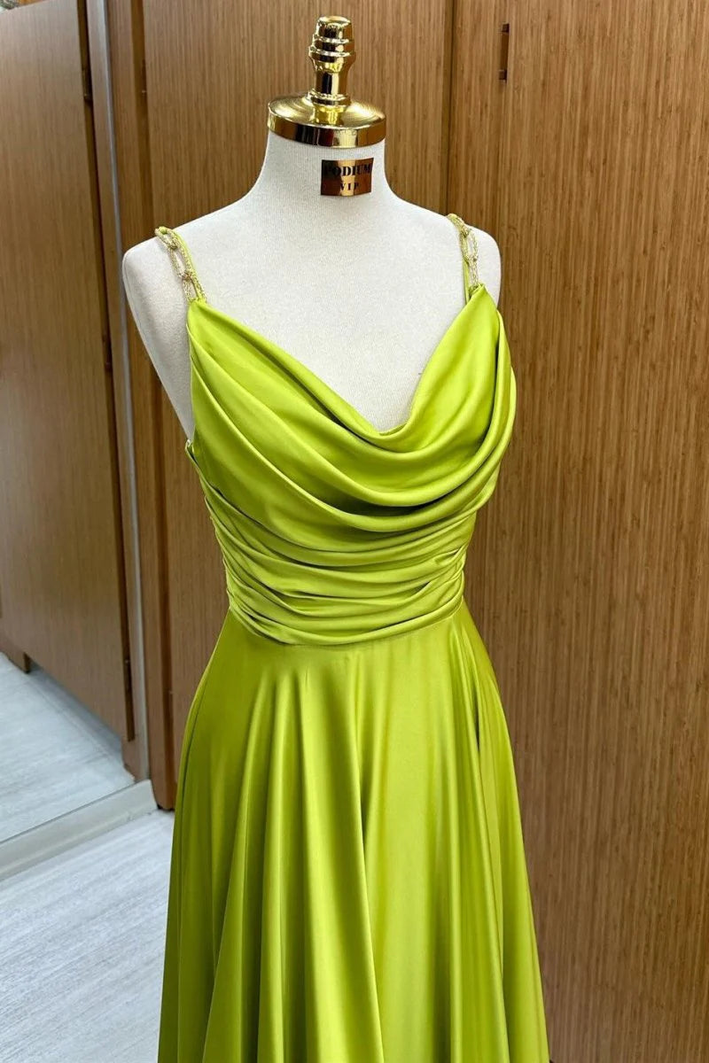 A-Line Cowl Neck Pleated Satin Olive Green Long Evening Prom Dress