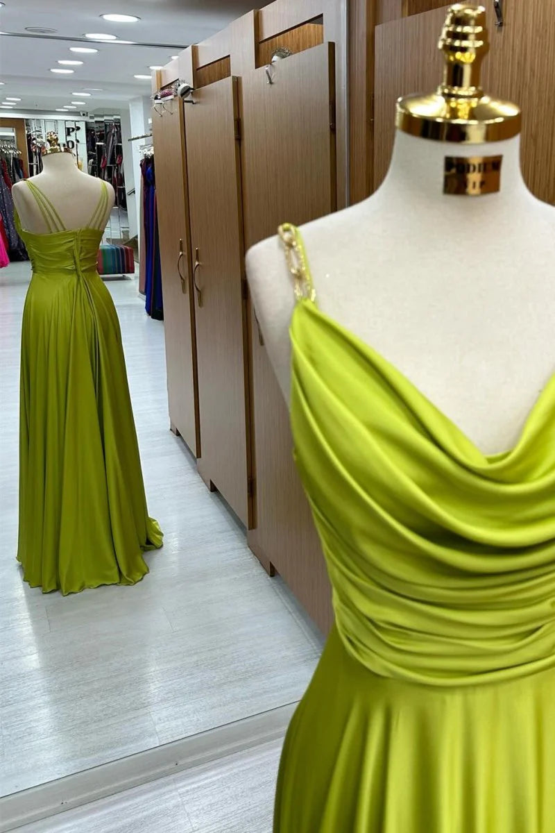 A-Line Cowl Neck Pleated Satin Olive Green Long Evening Prom Dress